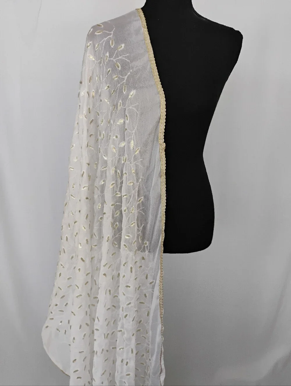 Women's White & Gold Embroidered Chiffon  Scarf / Dupatta